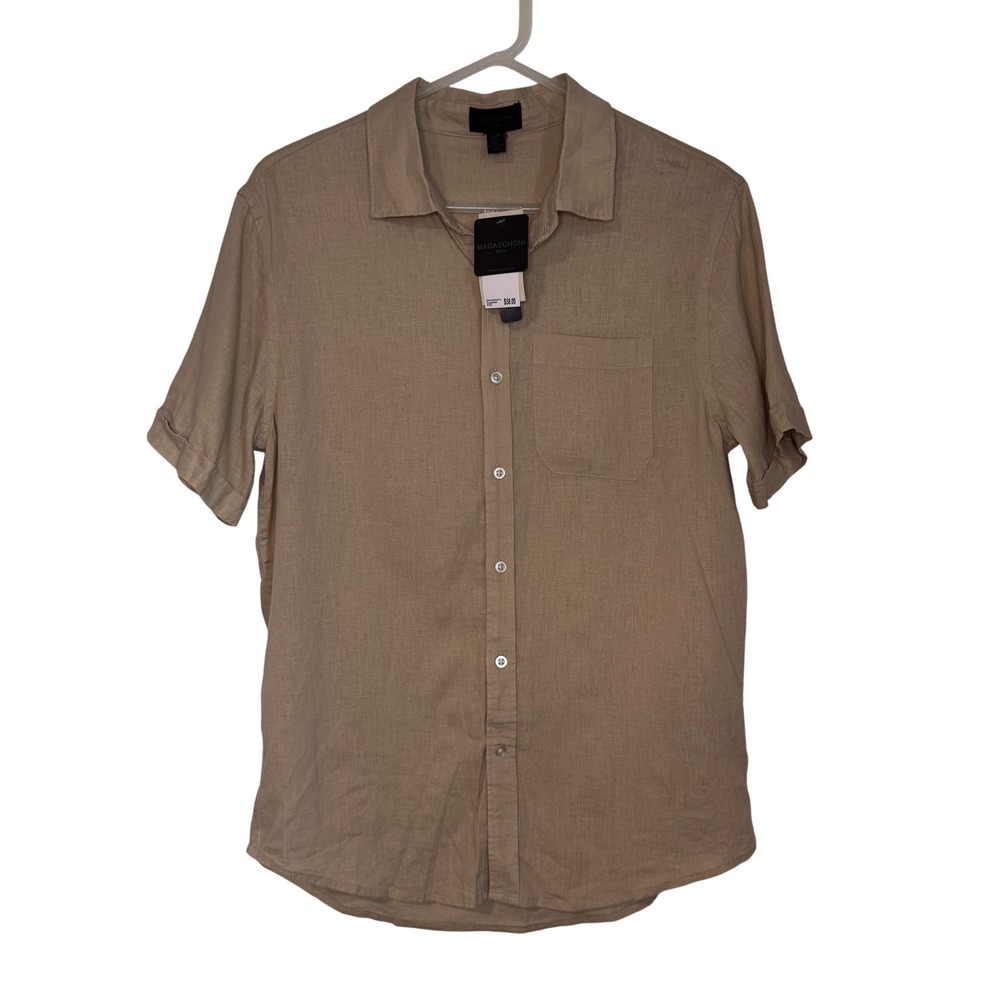 NWT Magaschoni Tan Linen Blend Men's Shirt Size Small Chest Pocket Coastal Beach